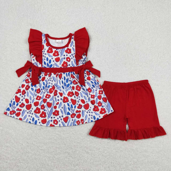 Red floral blue tunic shorts girls clothing