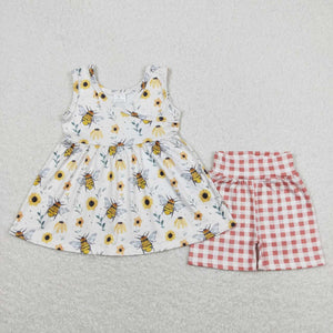 Yellow bee floral peplum plaid shorts girls clothes