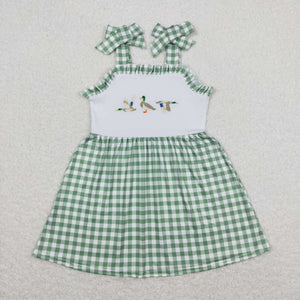 Embroidery Green plaid stripe duck baby girls summer dress