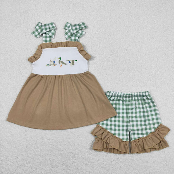 Embroidery Plaid stripe duck tunic ruffle shorts girls outfits