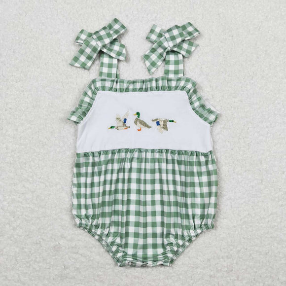 Embroidery Green plaid straps duck baby girls summer romper