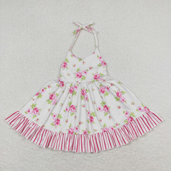 Pink floral stripe girls summer halter dresses