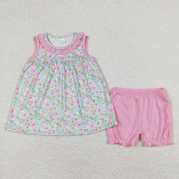 Pink sleeveless floral tunic ruffle shorts girls clothes