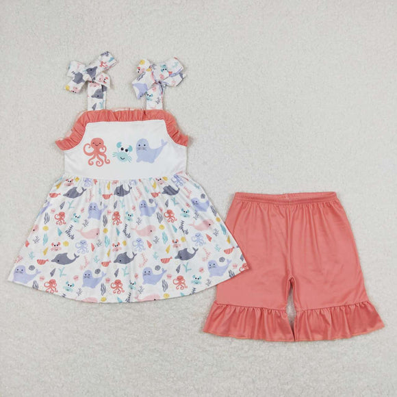 Straps crab octopus tunic shorts sea summer girls outfits