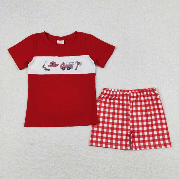 Red fire truck top plaid shorts boys clothes