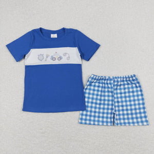 Blue police car top plaid shorts boys clothes