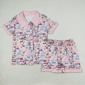 Pink short sleeves butterfly guitar adult women pajamas