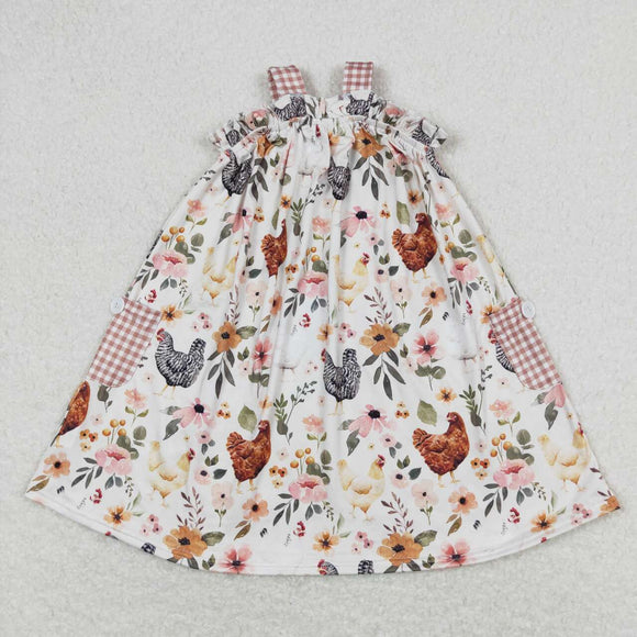 Plaid straps chicken floral baby girls farm dress