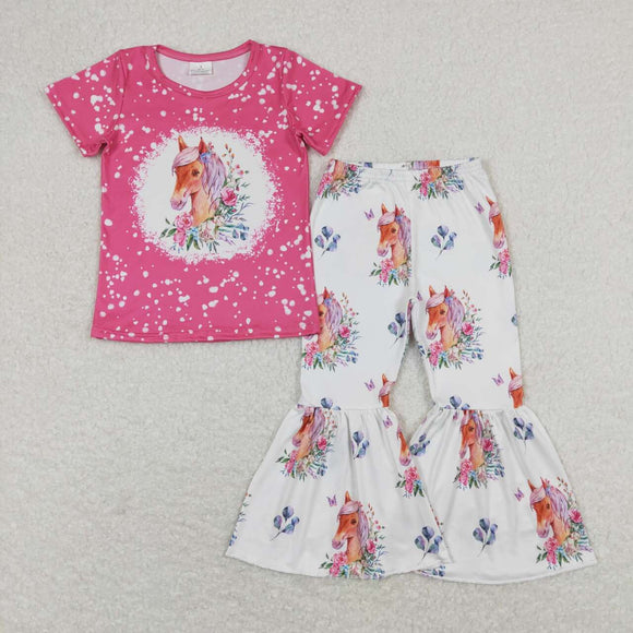 GSPO1340--pink horse short sleeve girls outfits