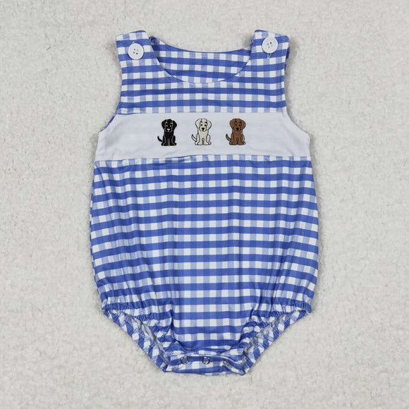 Embroidery Blue plaid dogs sleeveless baby boy romper