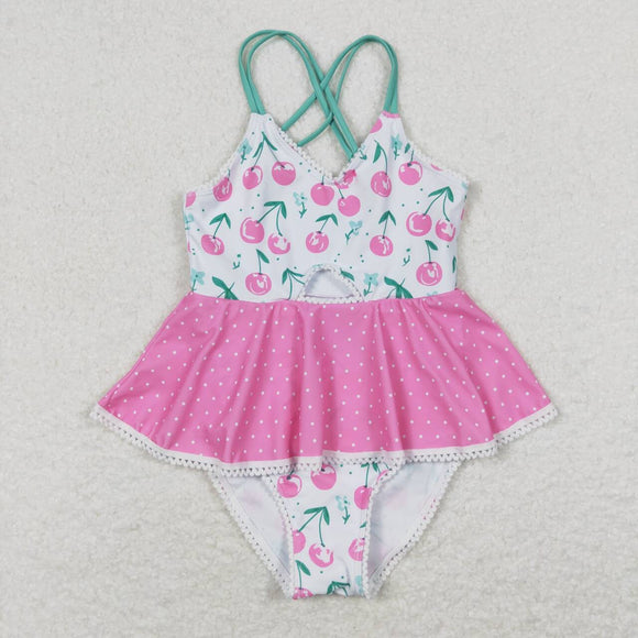 Pink cherry polka dots girls one pc summer swimsuit