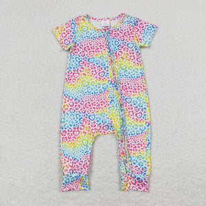 Short sleeves colorful leopard baby girls zipper romper