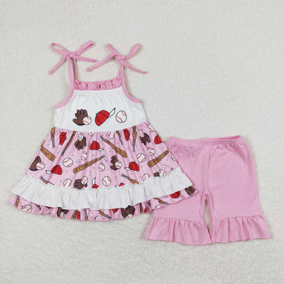 Pink straps baseball tunic ruffle shorts girls clothes