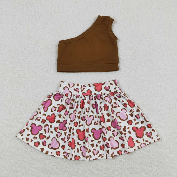 One shoulder top leopard mouse skirt girls clothes