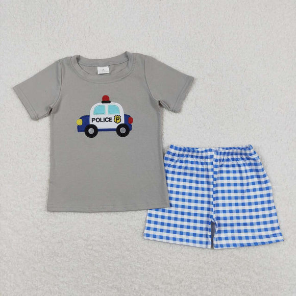 Embroidery Police cart top plaid shorts boys summer outfits