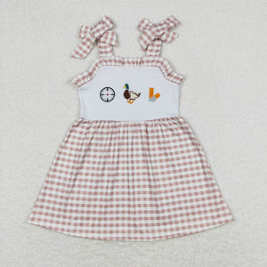 Embroidery Khaki plaid duck suspender girls summer dresses
