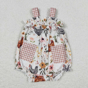 Sleeveless floral chicken pocket baby girls farm romper