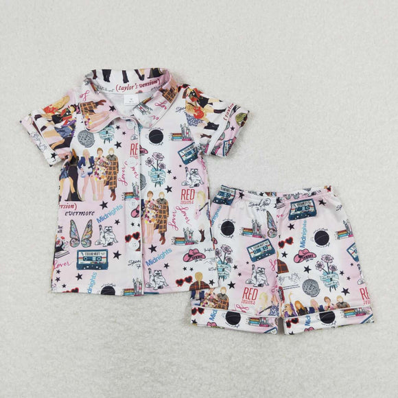 Pink short sleeves singer girls button down pajamas