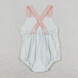 Green plaid pocket strap baby kids romper