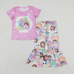 Pink bleached floral cat top pants girls clothing set