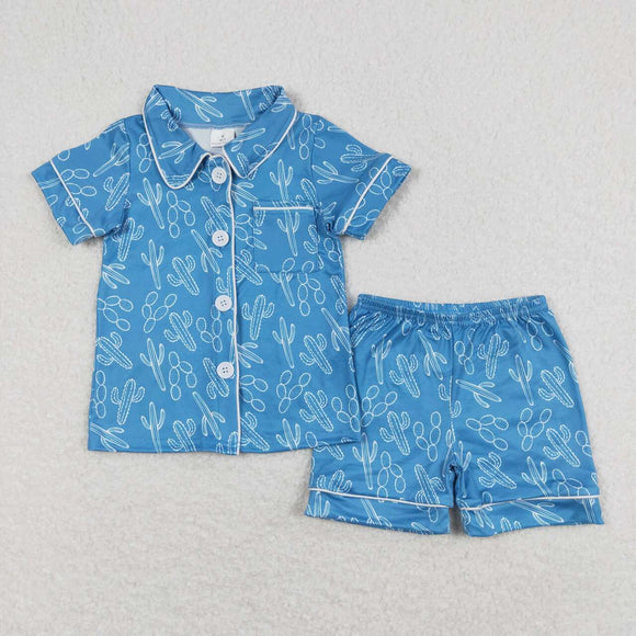 Blue cactus pocket top short girls summer pajamas