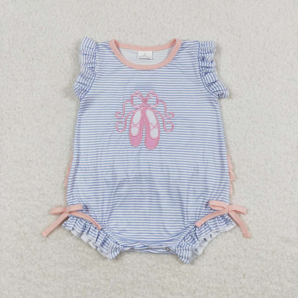 SR0931--embroidery Ballet shoes blue short sleeve baby romper