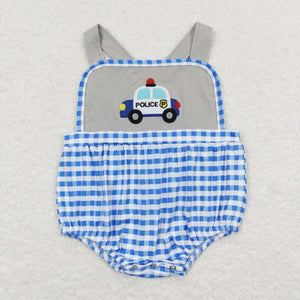 Embroidery Police car blue plaid baby boys summer romper