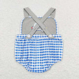 Embroidery Police car blue plaid baby boys summer romper