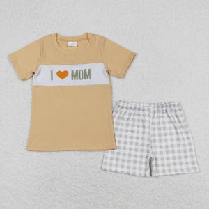 EmbroideryI love MOM top plaid shorts boys clothing set