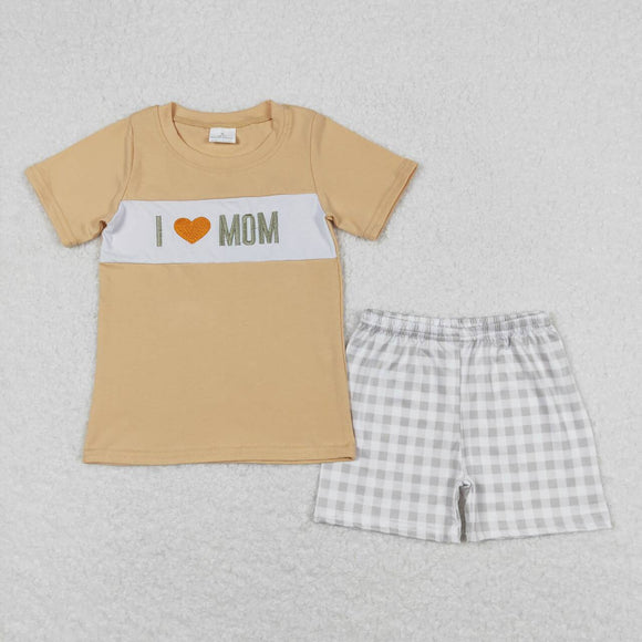 EmbroideryI love MOM top plaid shorts boys clothing set