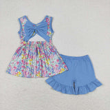 GSSO0547-- summer flower blue short sleeve girls outfits