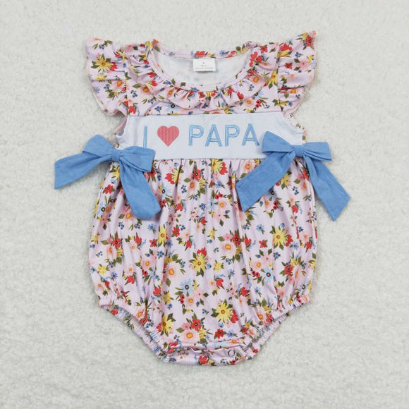 Flutter sleeves embroidery I love PAPA bow floral baby romper