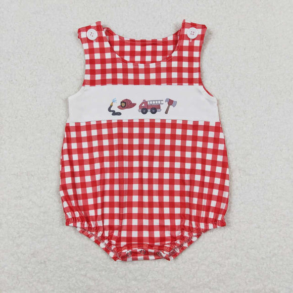 Sleeveless red plaid fire truck baby boys summer bubble