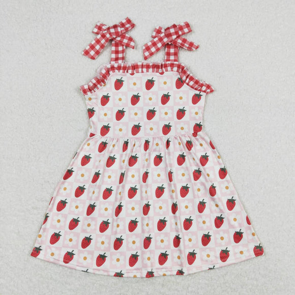 Plaid floral strawberry suspender girls dresses