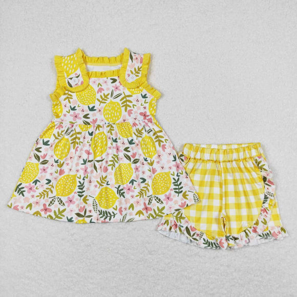 Sleeveless lemon floral tunic shorts girls summer clothing