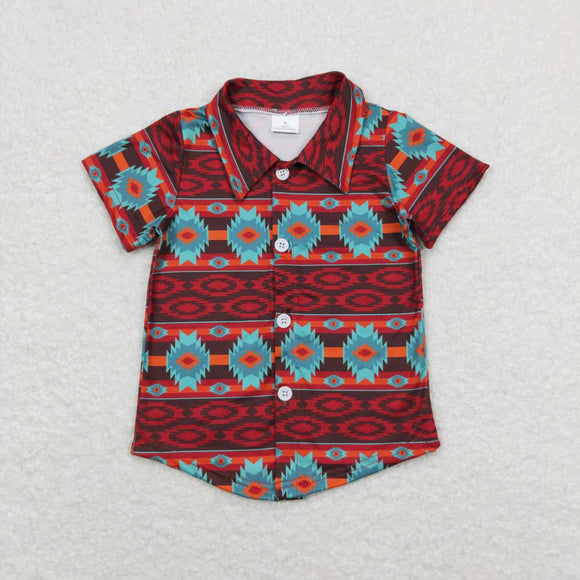 Turquoise red aztec kids boys button down shirt