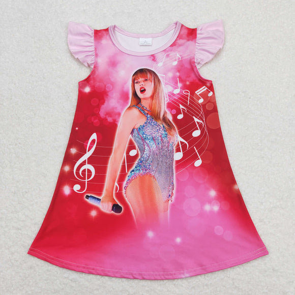 Pink flutter sleeves music singer girls dresses