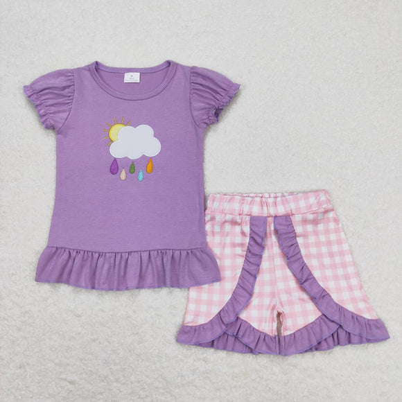 Embroidery Lavender rain top ruffle plaid shorts girls summer outfits