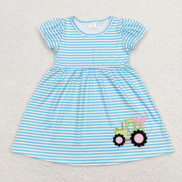Short sleeves stripe tractor kids embroidery girls farm dress