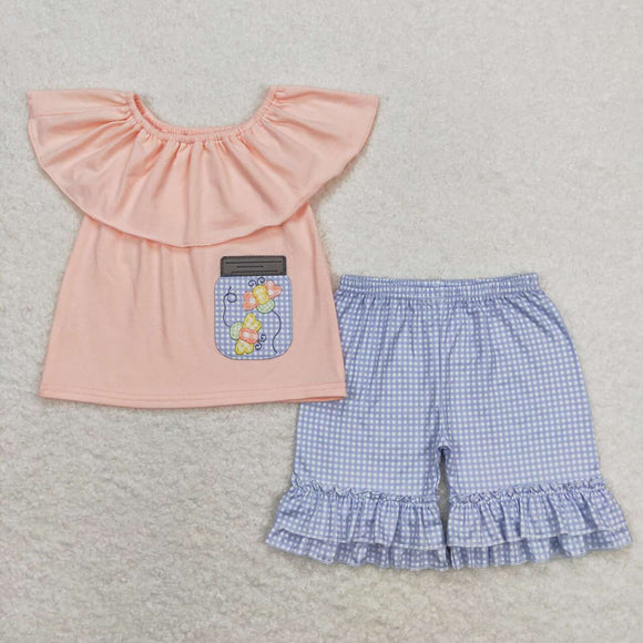Embroidery Bee top plaid ruffle shorts girls summer outfits