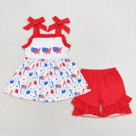 Straps balloon flag tunic shorts girls 4th of July outfits