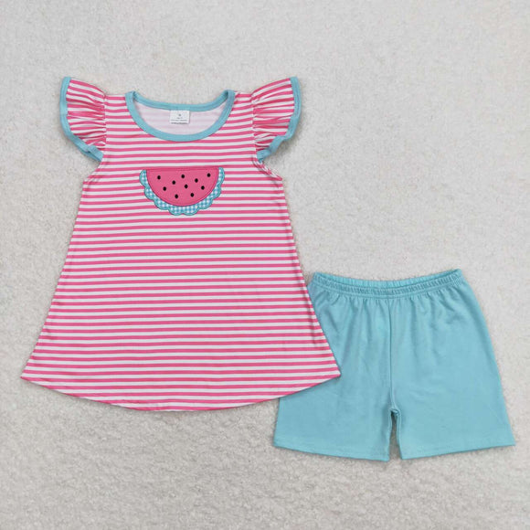 Embroidery Stripe watermelon top shorts girls summer clothing