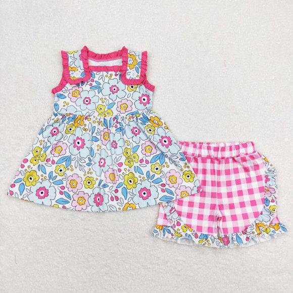 Sleeveless floral tunic plaid shorts girls summer clothing