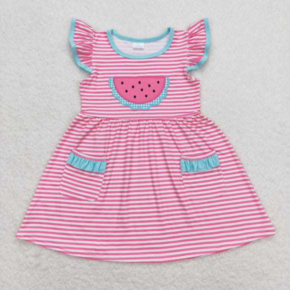 Flutter sleeves stripe pockets embroidery watermelon girls summer dress
