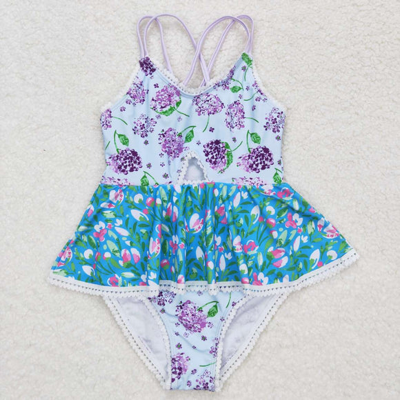 Lavender floral girls one pc summer swimsuit