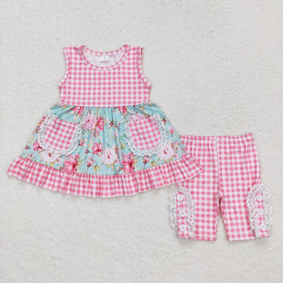 Mint floral pink plaid pockets tunic shorts girls outfits
