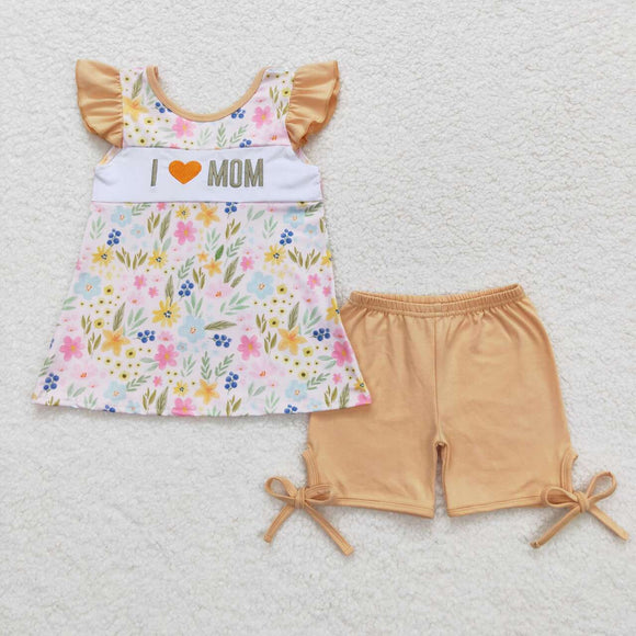 Embroidery I love MOM floral tunic shorts girls outfits