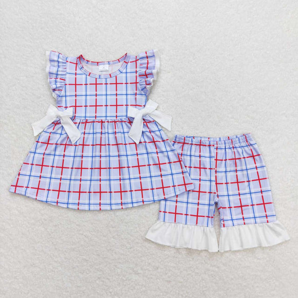 Flutter sleeves plaid bow tunic shorts girls summer clothes