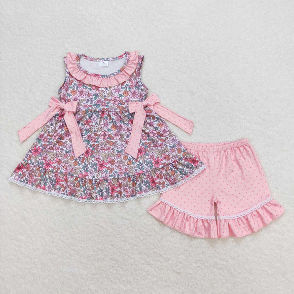 Floral sleeveless tunic polka dots shorts girls summer set