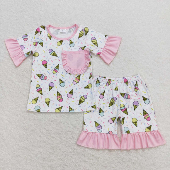 Pink short sleeves ice cream girls summer pajamas